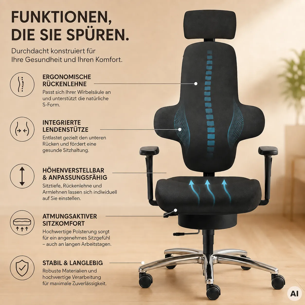 Air L mit Kopfstütze - Bürostuhl mit Kreuzrückenlehne