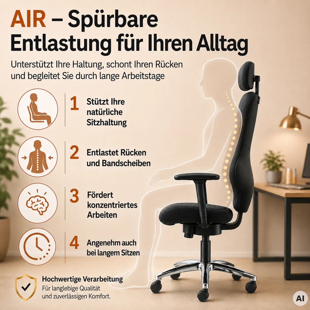 Air L mit Kopfstütze - Bürostuhl mit Kreuzrückenlehne