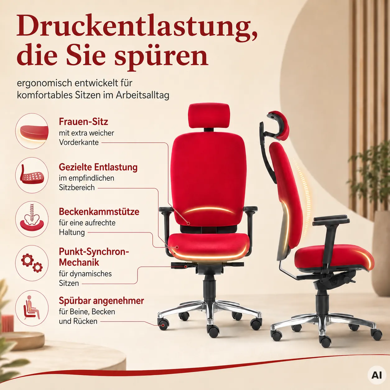 L-Comfort - Druckentlastender Frauen-Bürostuhl